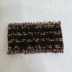 Beaded Bracelet Stretch Green Purple Weave Thick‎ Cuff Big Pink Boho